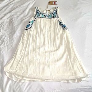 True Craft White Flowy Dress with Blue Embroidery
